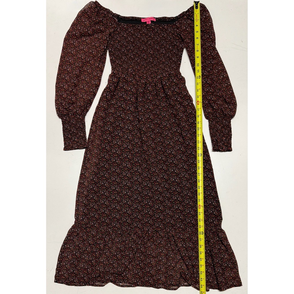 Betsey Johnson Ditsy Floral Smocked Midi Dress Square Neck Long Sleeve XS